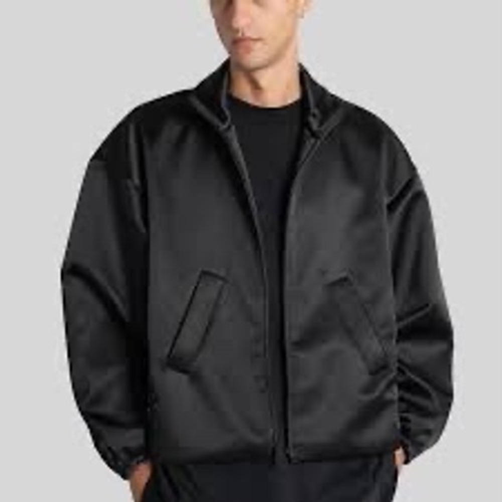 Fear of God Essentials Mens Black Satin Souvenir Jacket XL Full Zip Relaxed Fit